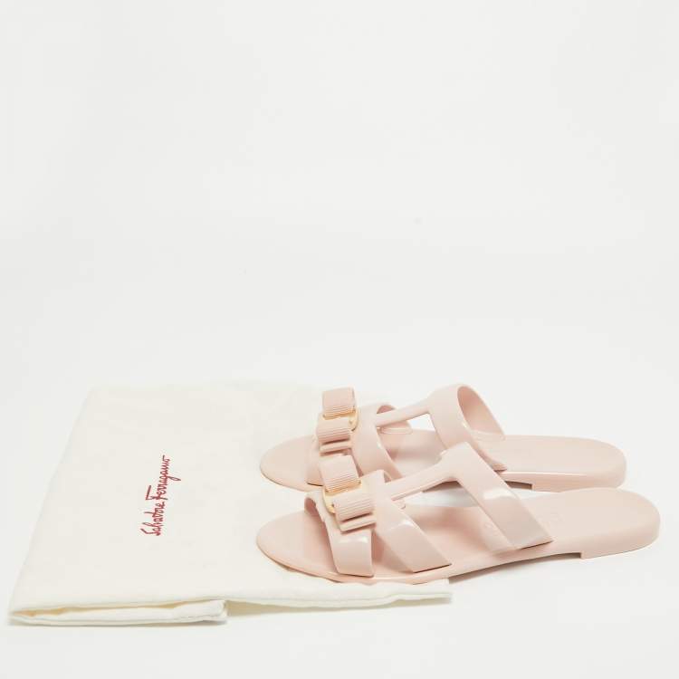 Pre Owned Salvatore Ferragamo Pink Jelly Bow Detailed Flat Slides Size 38.5  