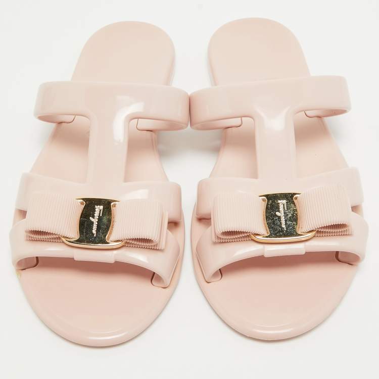 Pre Owned Salvatore Ferragamo Pink Jelly Bow Detailed Flat Slides Size 38.5  