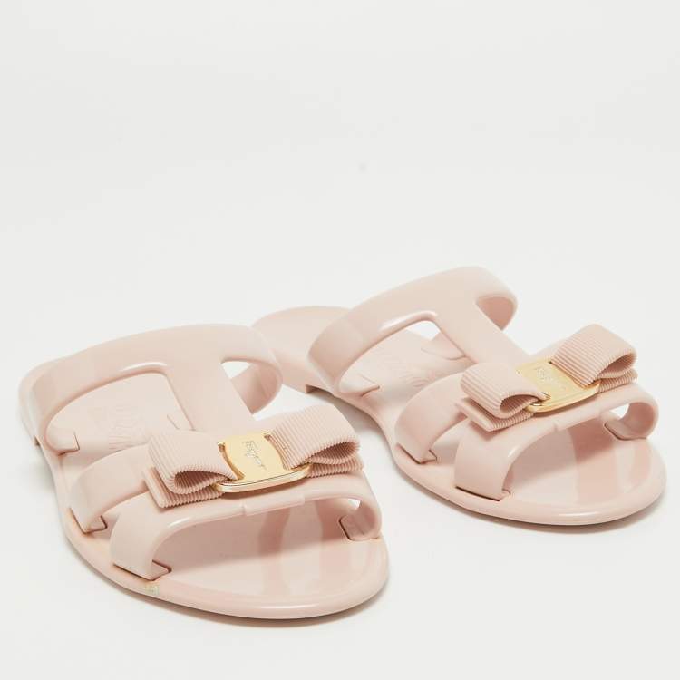 Pre Owned Salvatore Ferragamo Pink Jelly Bow Detailed Flat Slides Size 38.5  