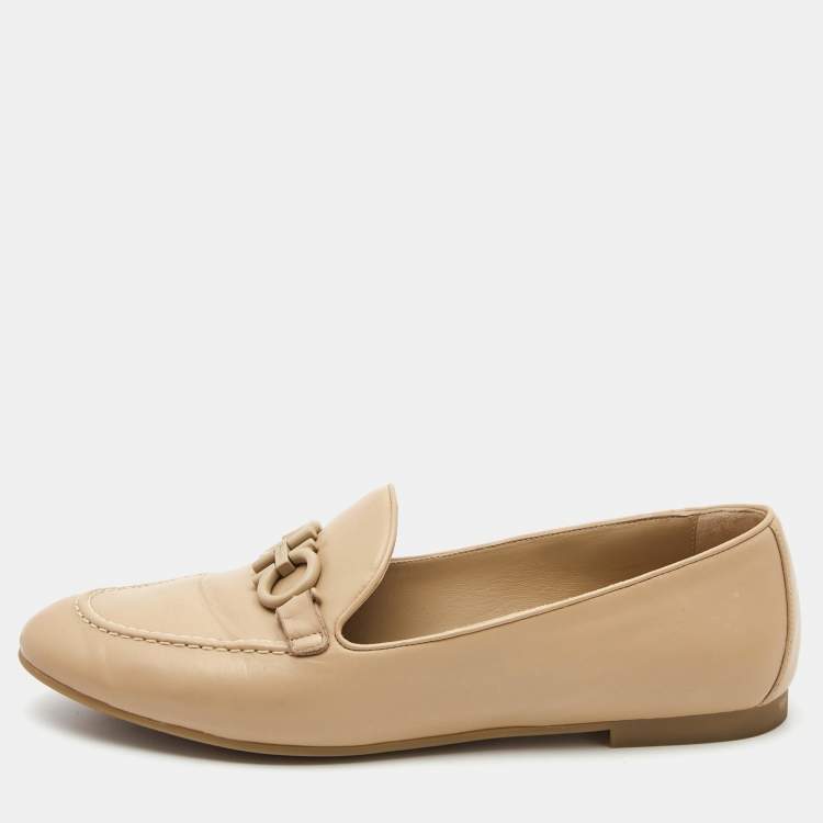 Pre Owned Salvatore Ferragamo Beige Leather Trifoglio Smoking Slippers Size 40.5