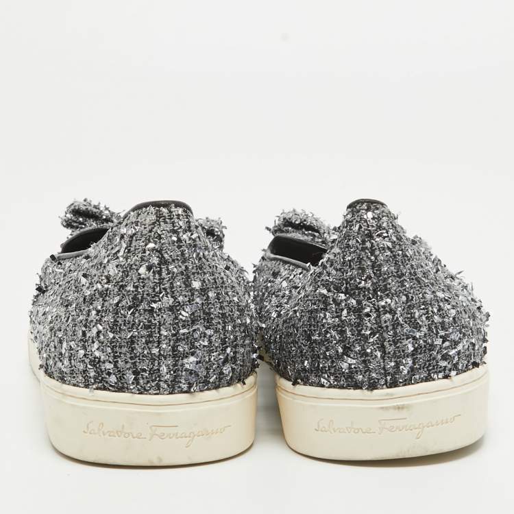 Pre Owned Salvatore Ferragamo Silver Tweed Bow Slip On Sneakers Size 41.5
