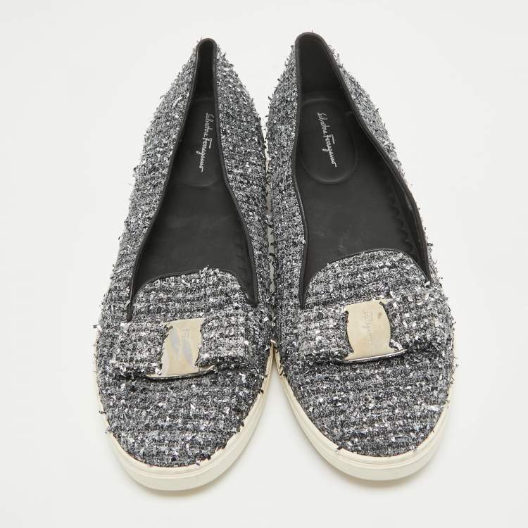 Pre Owned Salvatore Ferragamo Silver Tweed Bow Slip On Sneakers Size 41.5