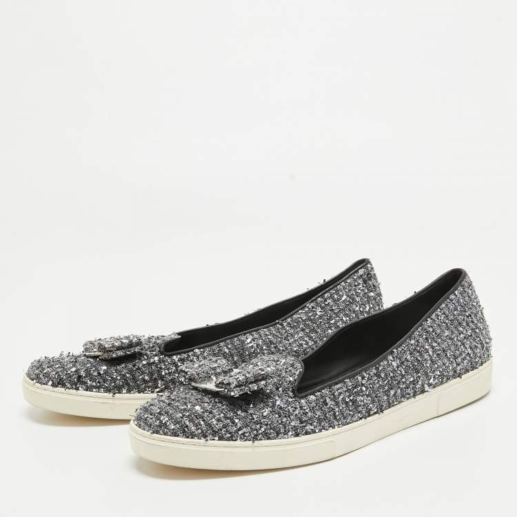 Pre Owned Salvatore Ferragamo Silver Tweed Bow Slip On Sneakers Size 41.5