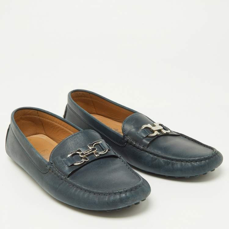 Pre Owned Salvatore Ferragamo Blue Leather Gancini Loafers Size 39