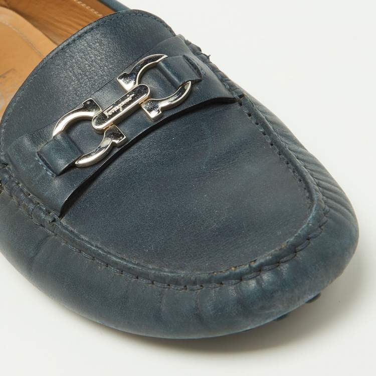 Pre Owned Salvatore Ferragamo Blue Leather Gancini Loafers Size 39