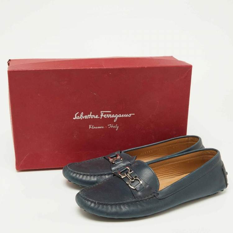 Pre Owned Salvatore Ferragamo Blue Leather Gancini Loafers Size 39