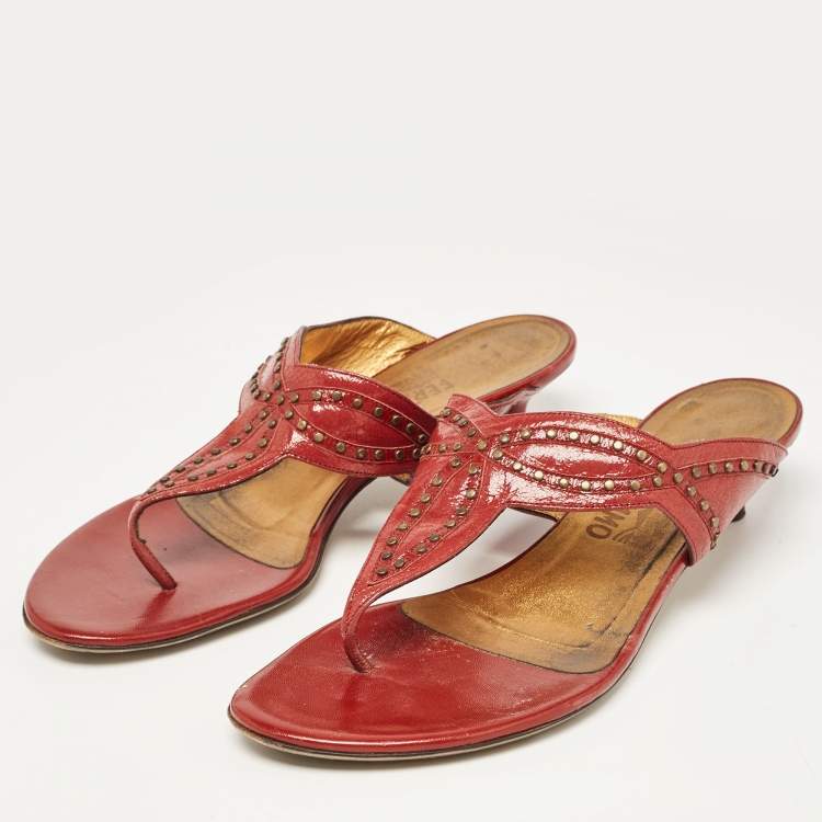 Pre Owned Salvatore Ferragamo Burgundy Patent Leather Slide Sandals Size 41.5