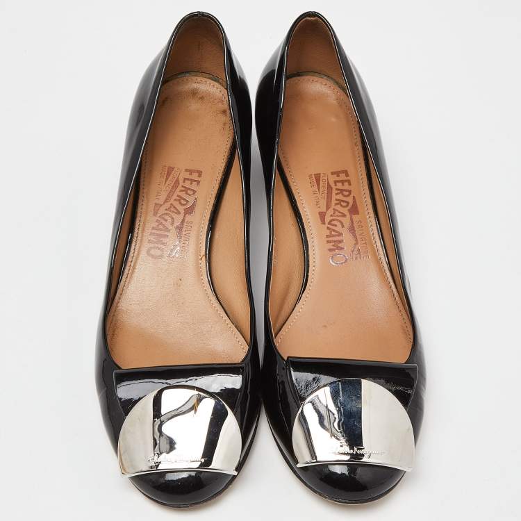 Pre Owned Salvatore Ferragamo Black Patent Leather Posi  Ballet Flats Size 38