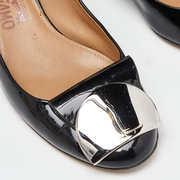 Pre Owned Salvatore Ferragamo Black Patent Leather Posi  Ballet Flats Size 38