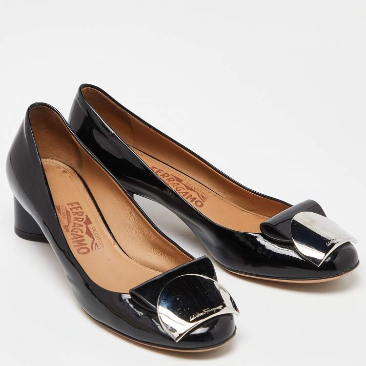 Pre Owned Salvatore Ferragamo Black Patent Leather Posi  Ballet Flats Size 38