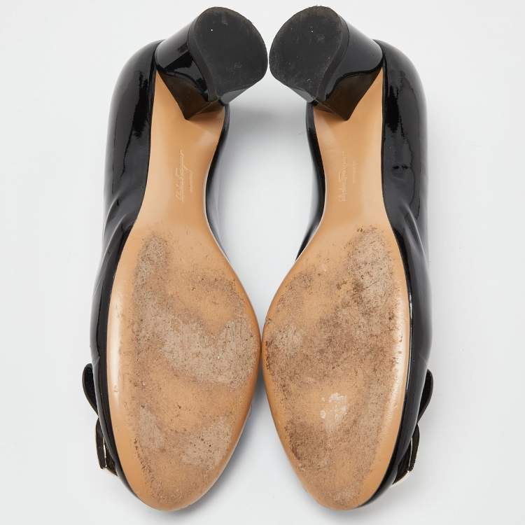 Pre Owned Salvatore Ferragamo Black Patent Leather Posi  Ballet Flats Size 38