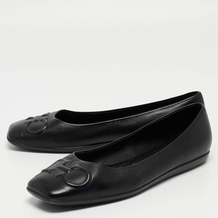 Pre Owned Salvatore Ferragamo Black Leather Square Toe Ballet Flats Size 39.5