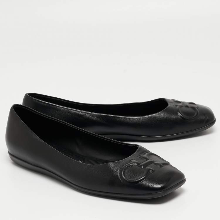 Pre Owned Salvatore Ferragamo Black Leather Square Toe Ballet Flats Size 39.5