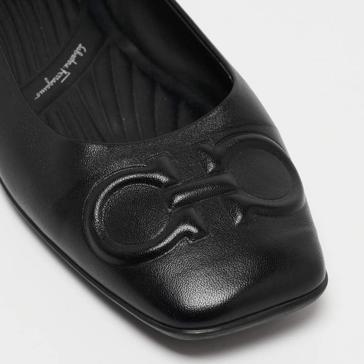 Pre Owned Salvatore Ferragamo Black Leather Square Toe Ballet Flats Size 39.5