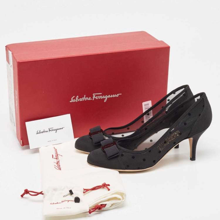 Pre Owned Salvatore Ferragamo Black Mesh and Grosgrain Carla Dots Pumps 37.5