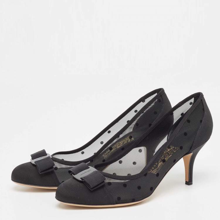 Pre Owned Salvatore Ferragamo Black Mesh and Grosgrain Carla Dots Pumps 37.5