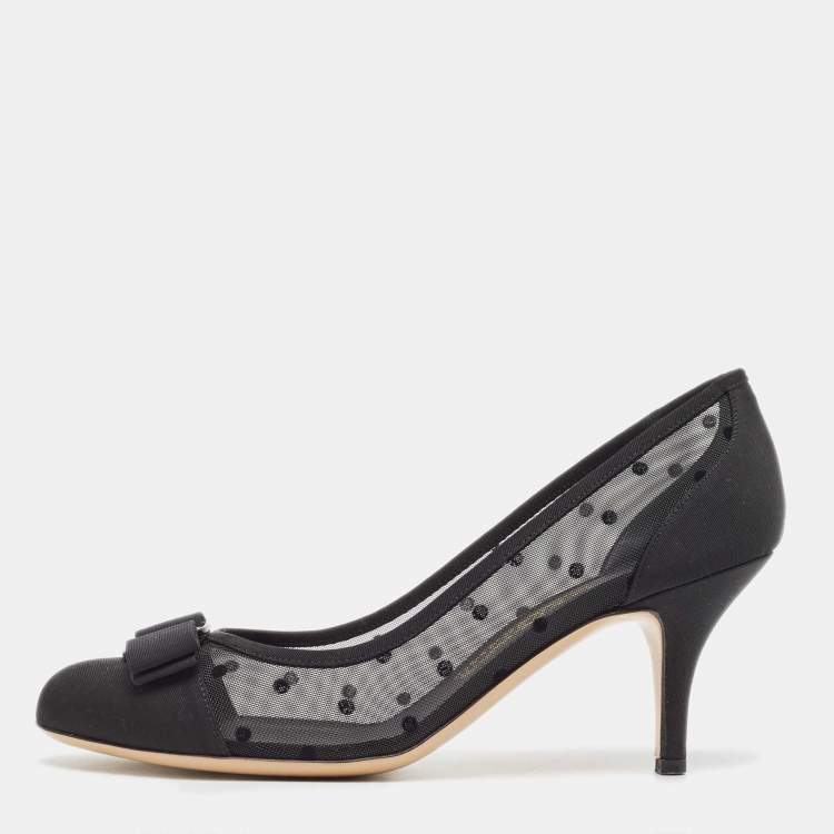 Pre Owned Salvatore Ferragamo Black Mesh and Grosgrain Carla Dots Pumps 37.5