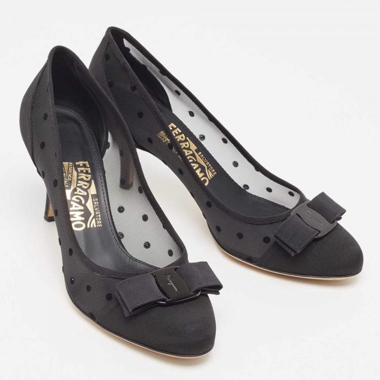 Pre Owned Salvatore Ferragamo Black Mesh and Grosgrain Carla Dots Pumps 37.5
