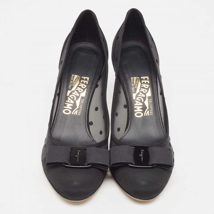 Pre Owned Salvatore Ferragamo Black Mesh and Grosgrain Carla Dots Pumps 37.5