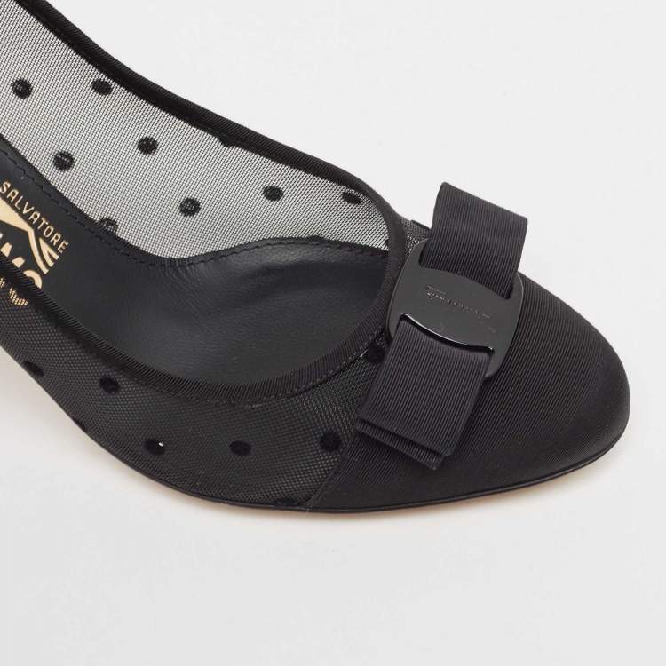 Pre Owned Salvatore Ferragamo Black Mesh and Grosgrain Carla Dots Pumps 37.5