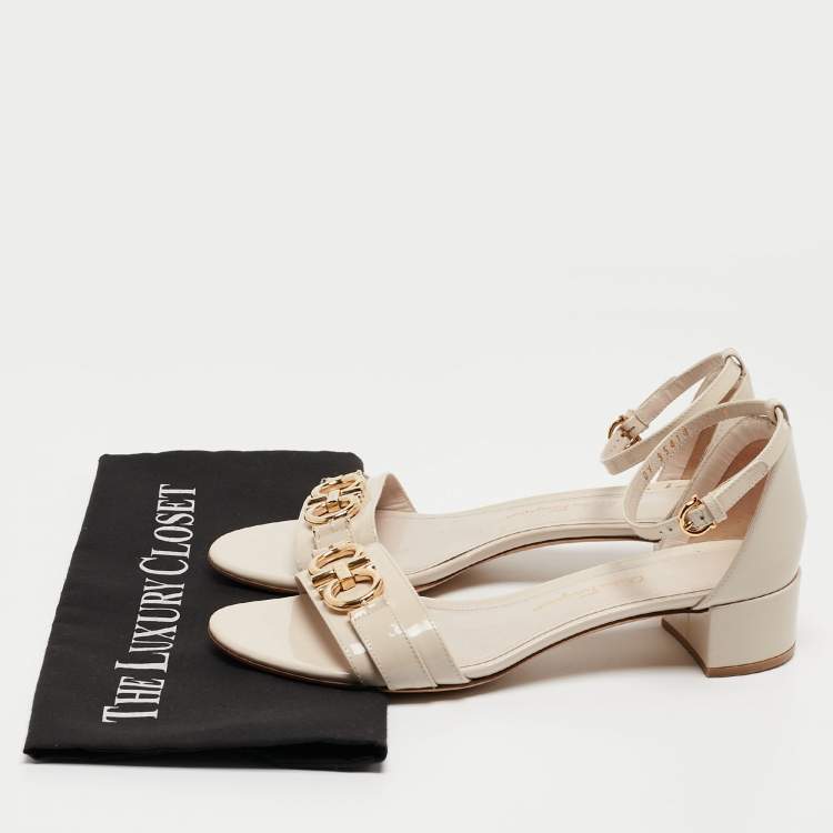 Pre Owned Salvatore Ferragamo Cream Patent Leather Como Ankle Strap Sandals Size 37.5
