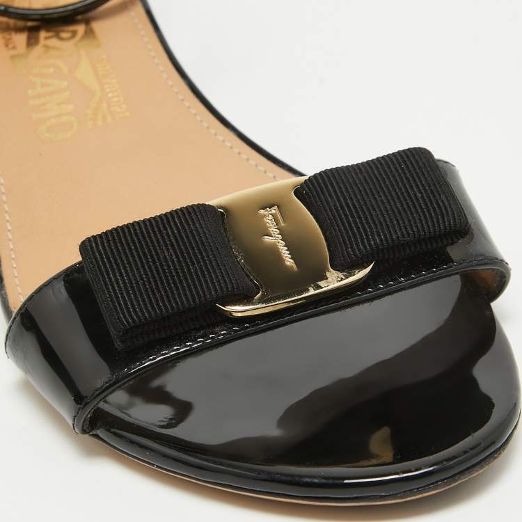 Pre Owned Salvatore Ferragamo Black Patent Leather Margot Wedge Sandals Size 38