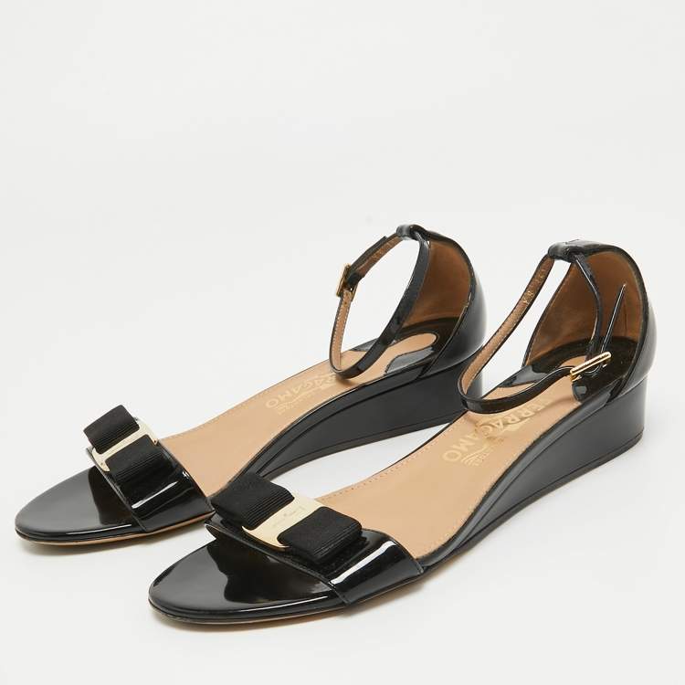 Pre Owned Salvatore Ferragamo Black Patent Leather Margot Wedge Sandals Size 38