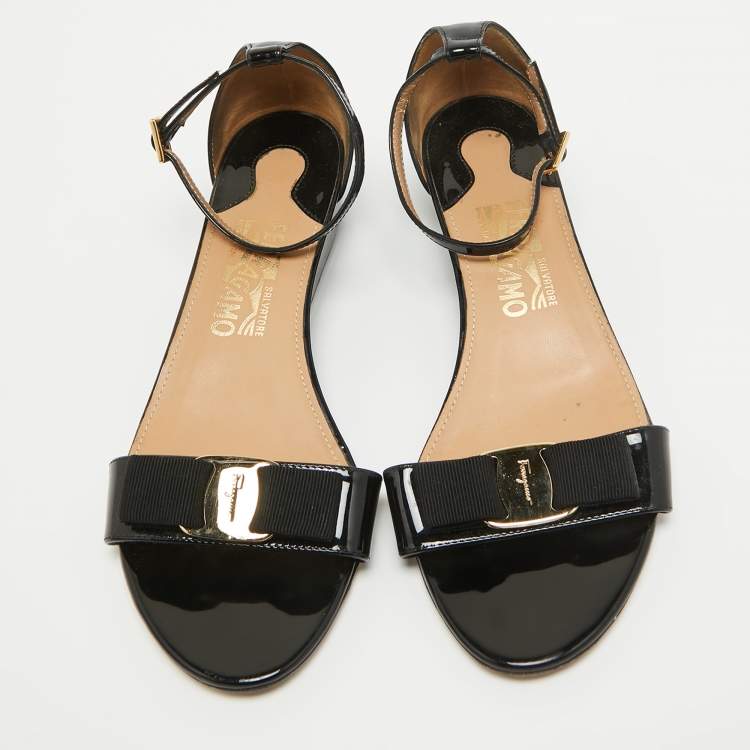 Pre Owned Salvatore Ferragamo Black Patent Leather Margot Wedge Sandals Size 38