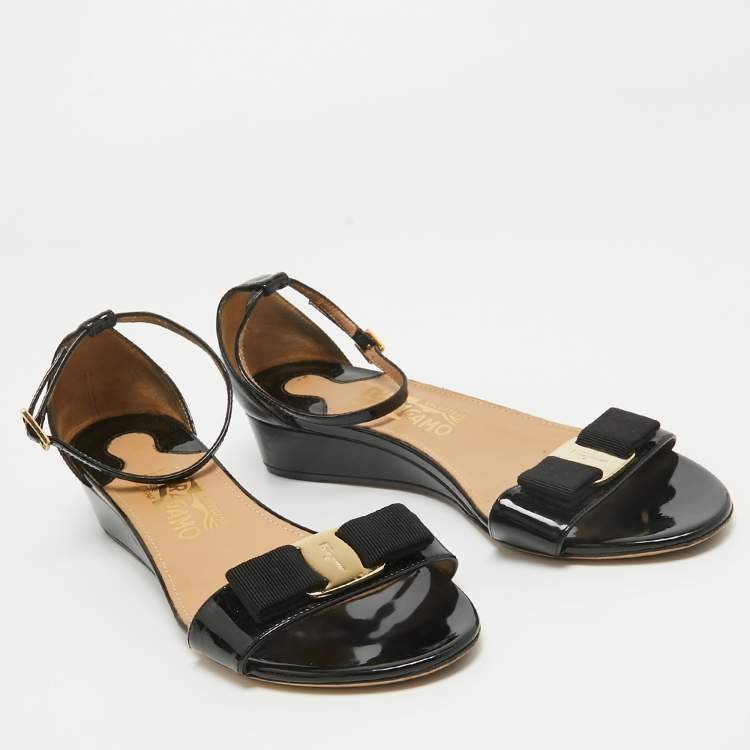 Pre Owned Salvatore Ferragamo Black Patent Leather Margot Wedge Sandals Size 38