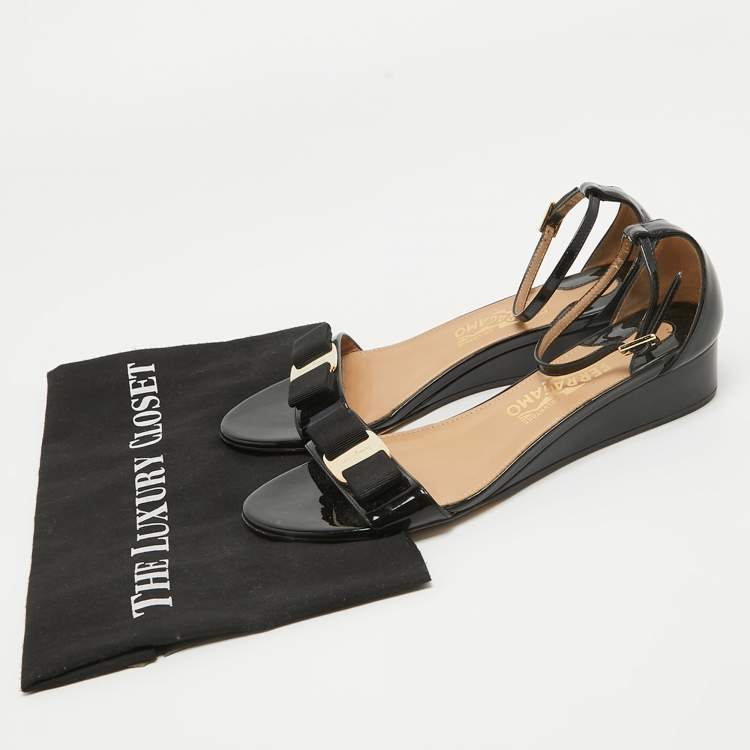 Pre Owned Salvatore Ferragamo Black Patent Leather Margot Wedge Sandals Size 38