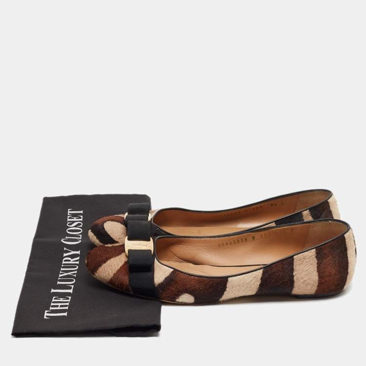 Pre Owned Salvatore Ferragamo Brown/Beige Printed Calf Hair Varina Ballet Flats Size 40