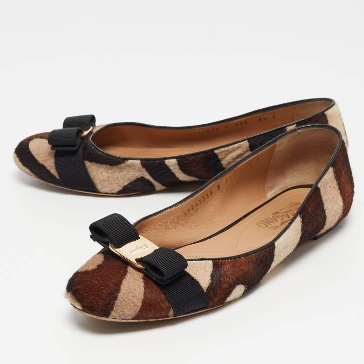 Pre Owned Salvatore Ferragamo Brown/Beige Printed Calf Hair Varina Ballet Flats Size 40