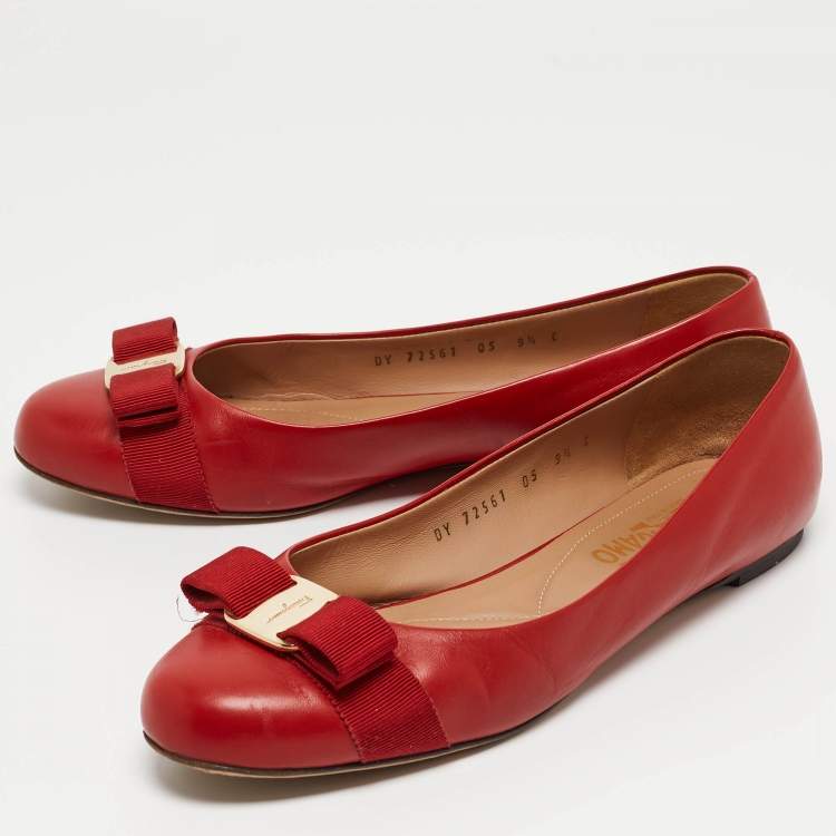 Pre Owned Salvatore Ferragamo Red Leather Varina Bow Ballet Flats Size 40 