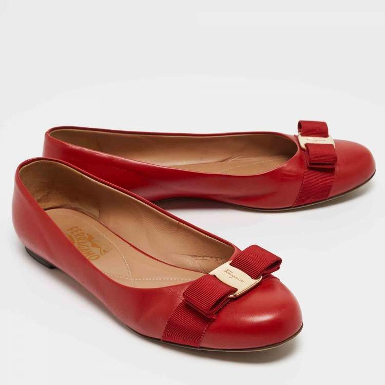 Pre Owned Salvatore Ferragamo Red Leather Varina Bow Ballet Flats Size 40 