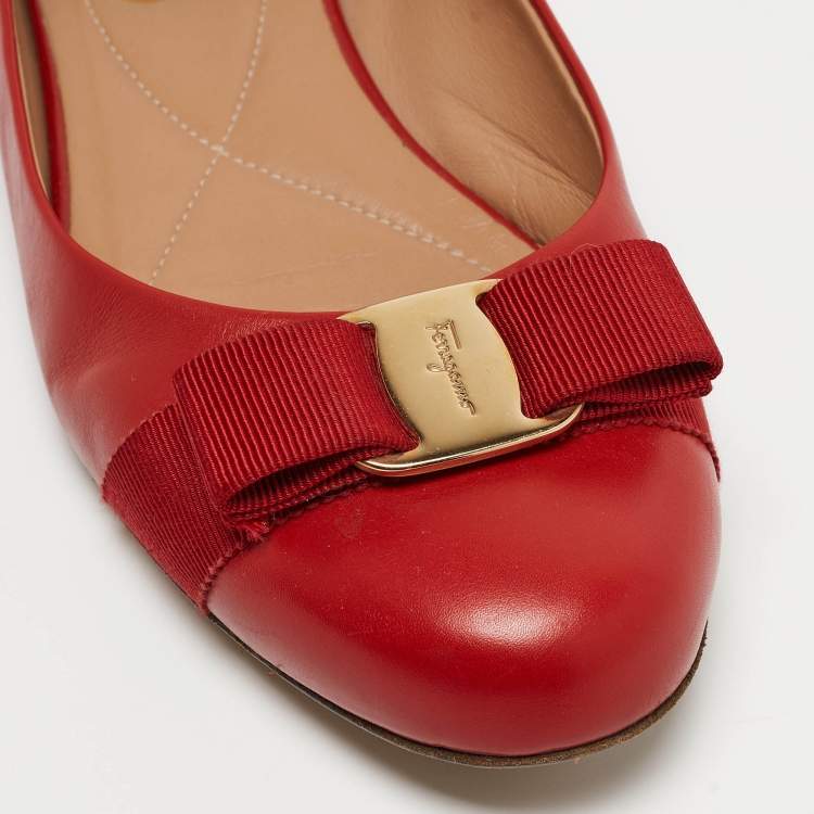 Pre Owned Salvatore Ferragamo Red Leather Varina Bow Ballet Flats Size 40 