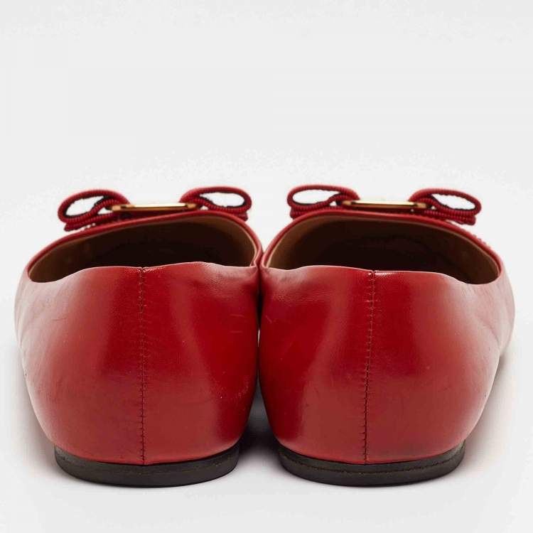 Pre Owned Salvatore Ferragamo Red Leather Varina Bow Ballet Flats Size 40 