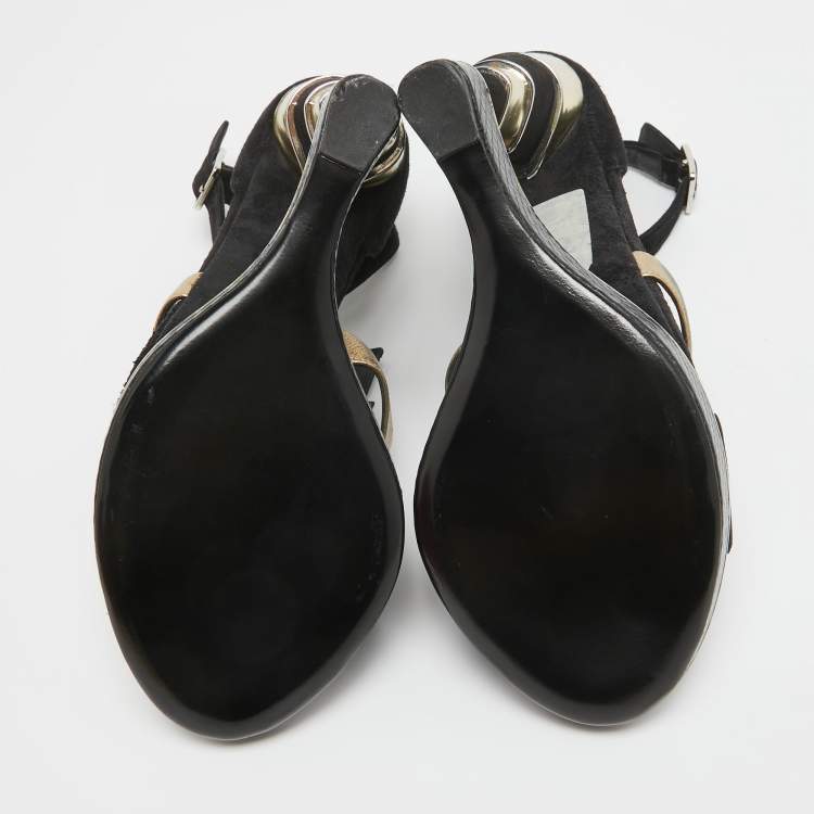 Pre Owned Salvatore Ferragamo Black/Gold Suede, Watersnake and Leather Lexus Platform Sandals Size 39.5