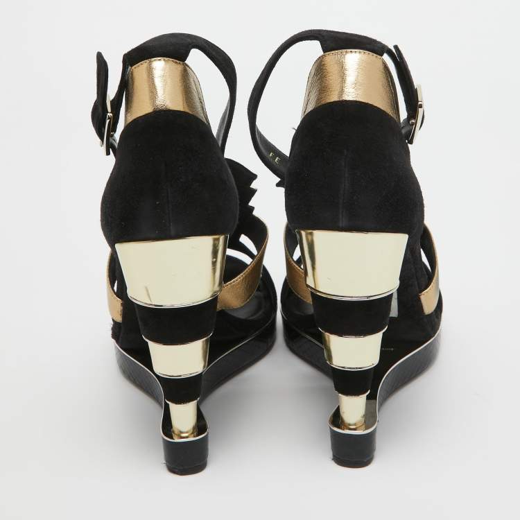 Pre Owned Salvatore Ferragamo Black/Gold Suede, Watersnake and Leather Lexus Platform Sandals Size 39.5