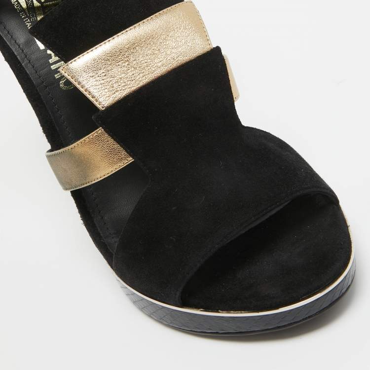 Pre Owned Salvatore Ferragamo Black/Gold Suede, Watersnake and Leather Lexus Platform Sandals Size 39.5