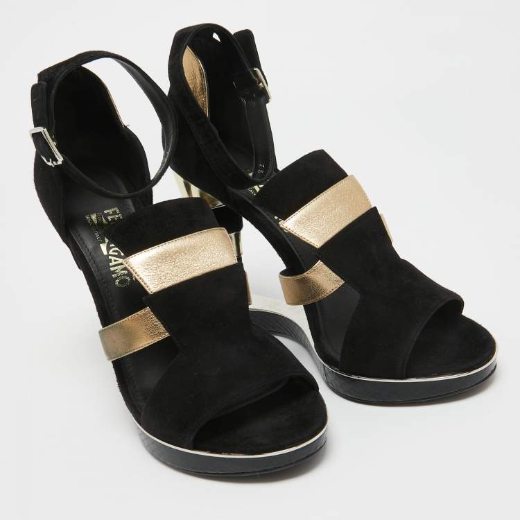 Pre Owned Salvatore Ferragamo Black/Gold Suede, Watersnake and Leather Lexus Platform Sandals Size 39.5