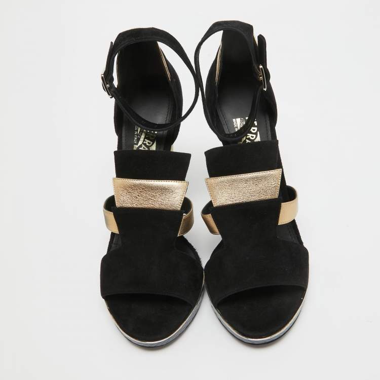 Pre Owned Salvatore Ferragamo Black/Gold Suede, Watersnake and Leather Lexus Platform Sandals Size 39.5