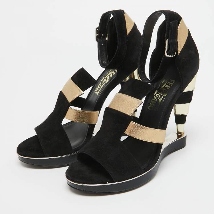 Pre Owned Salvatore Ferragamo Black/Gold Suede, Watersnake and Leather Lexus Platform Sandals Size 39.5