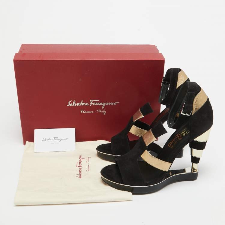Pre Owned Salvatore Ferragamo Black/Gold Suede, Watersnake and Leather Lexus Platform Sandals Size 39.5