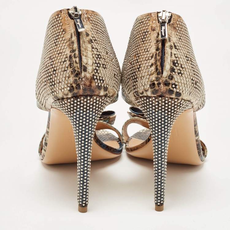 Pre Owned Salvatore Ferragamo Multicolor Python Embossed Leather Bow T Strap Sandals Size 40.5