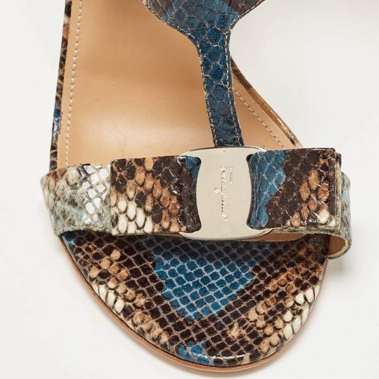 Pre Owned Salvatore Ferragamo Multicolor Python Embossed Leather Bow T Strap Sandals Size 40.5