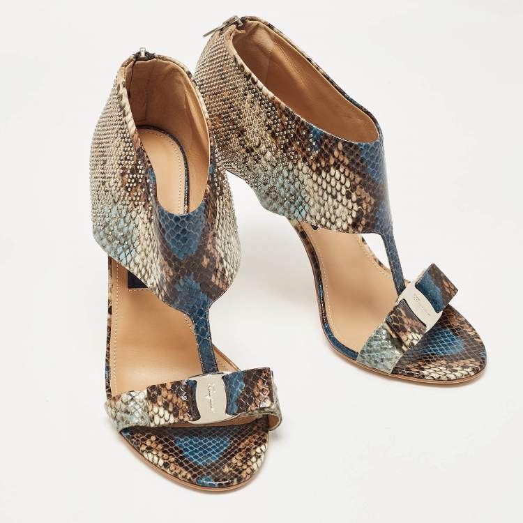 Pre Owned Salvatore Ferragamo Multicolor Python Embossed Leather Bow T Strap Sandals Size 40.5