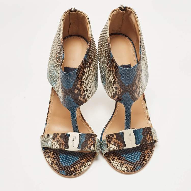 Pre Owned Salvatore Ferragamo Multicolor Python Embossed Leather Bow T Strap Sandals Size 40.5