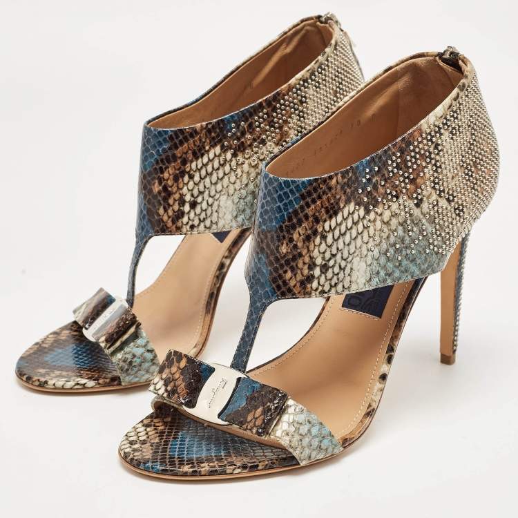 Pre Owned Salvatore Ferragamo Multicolor Python Embossed Leather Bow T Strap Sandals Size 40.5