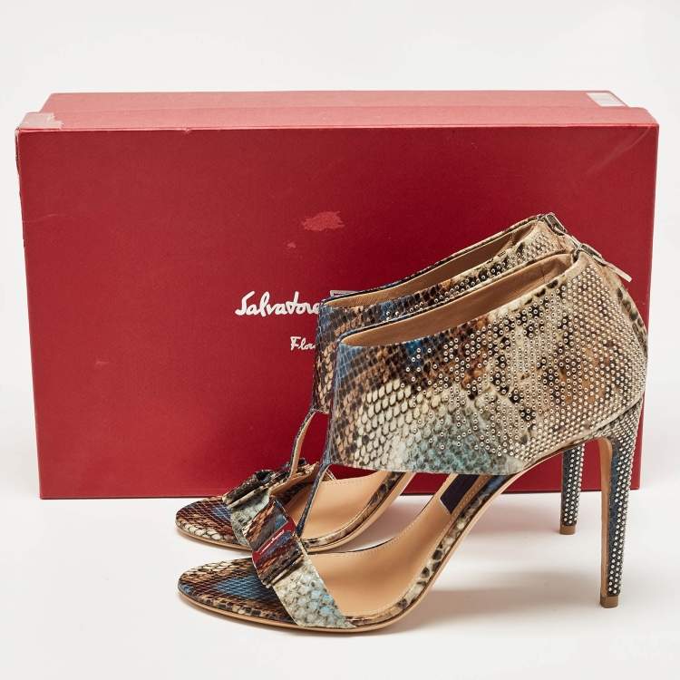 Pre Owned Salvatore Ferragamo Multicolor Python Embossed Leather Bow T Strap Sandals Size 40.5