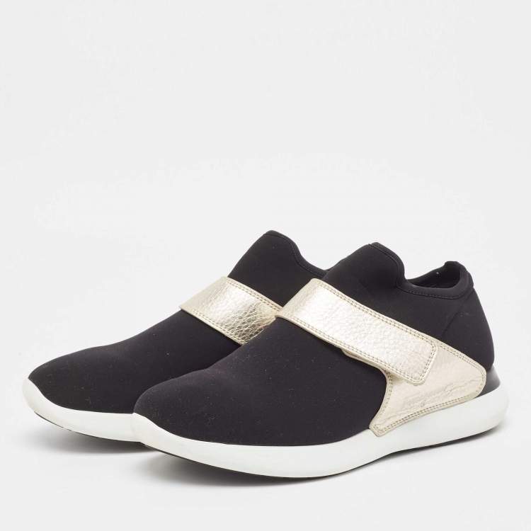 Pre Owned Salvatore Ferragamo Black/Gold Stretch Fabric and Leather Slip On Sneakers Size 40